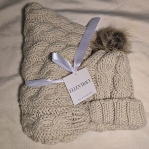 Ellen Tracy Cream Cable Knit Hat with Faux Fur Pom